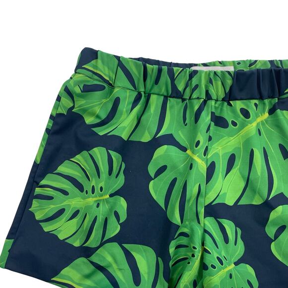 Elizabeth Ackerman Pull On Monstera Leaf Print Shorts Navy Green Womens Small - Picture 2 of 4